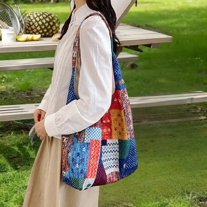 Bohemian Ethnic Patchwork Shoulder Bag — Casual Large-Capacity Commuter Tote