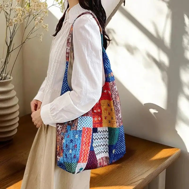 Bohemian Ethnic Patchwork Shoulder Bag — Casual Large-Capacity Commuter Tote