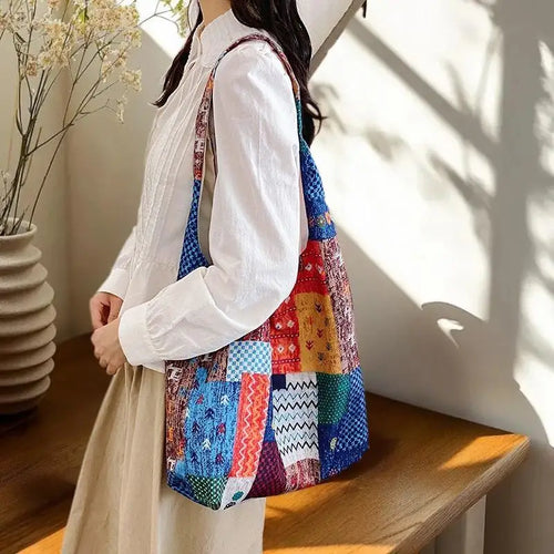Bohemian Ethnic Patchwork Shoulder Bag — Casual Large-Capacity Commuter Tote